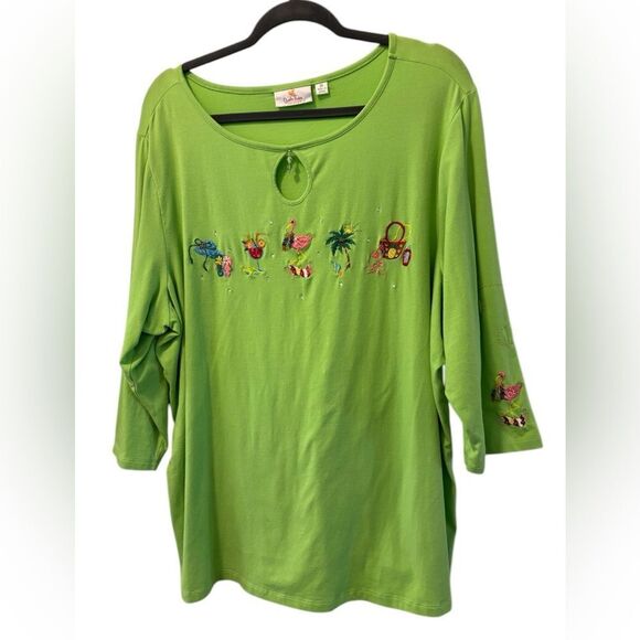 Quacker Factory Flamingo Beach Vacay Green Embroidered 3/4 Sleeve Top Size 2X - Picture 1 of 6
